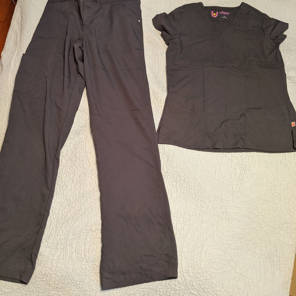 Urbane charcoal grey scrubs Sm top, Sm Tall pants